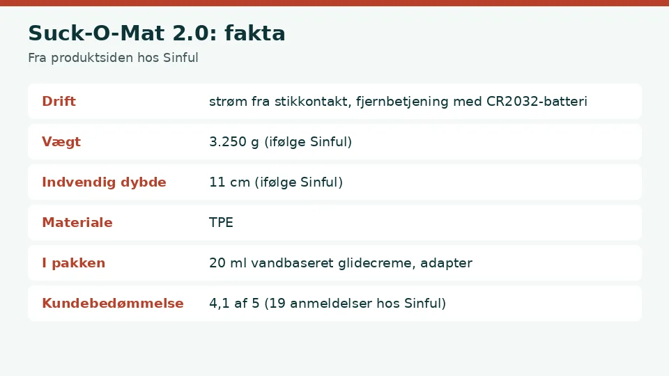Suck-O-Mat 2.0 anmeldelse: faktakort med drift, vægt, indvendig dybde, materiale, i pakken og kundebedømmelse fra produktsiden hos Sinful